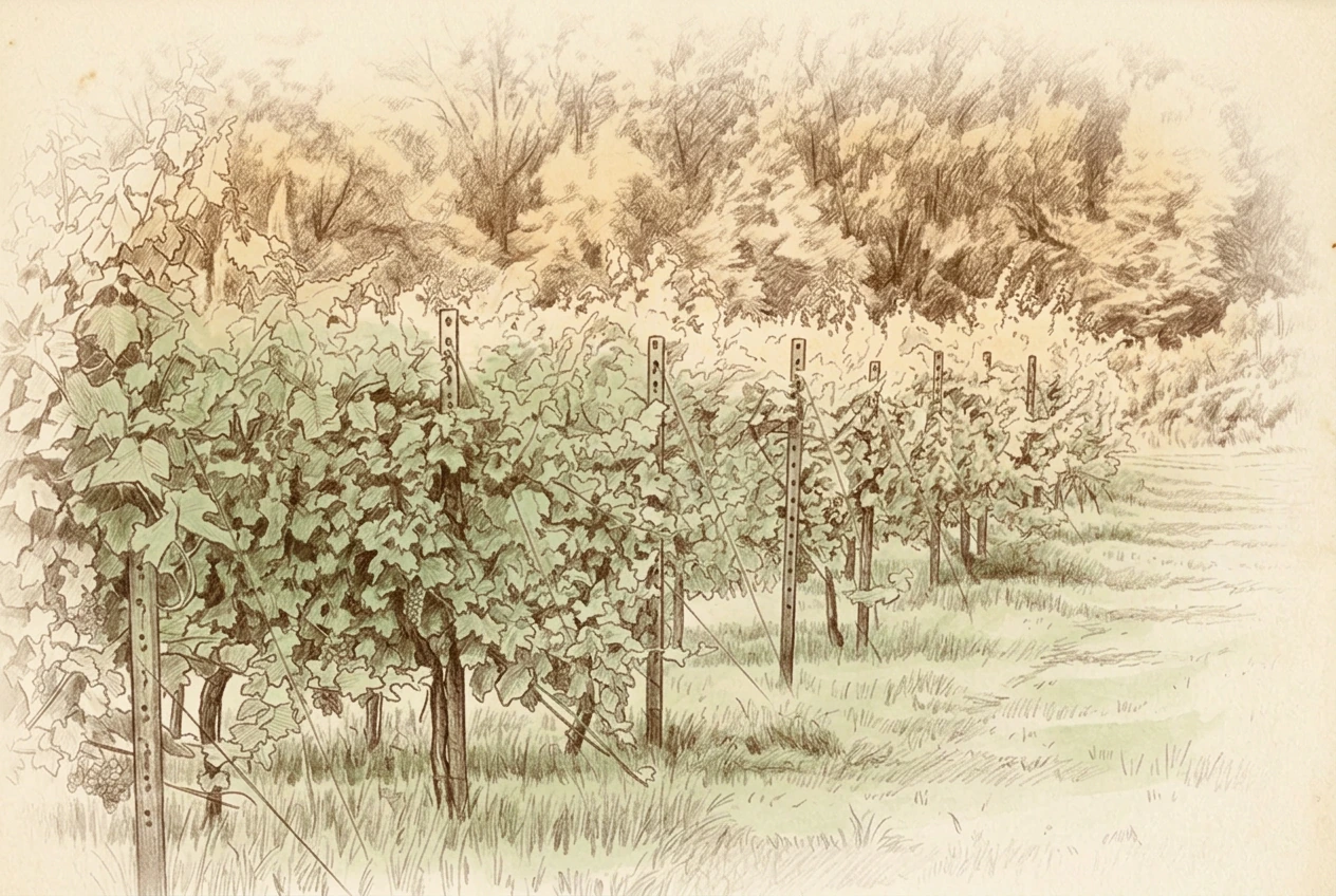 Stampa antica in stile libro d’epoca con inchiostro bruno e lavature ambrate e verdi, tratta dalla fotografia DSC04960: filari, pali, alberi e prato nella composizione originale